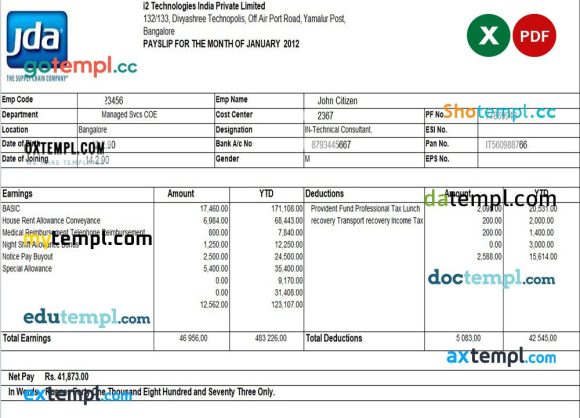I2 Technologies Indian Private Limited pay stub example in excel and PDF formats