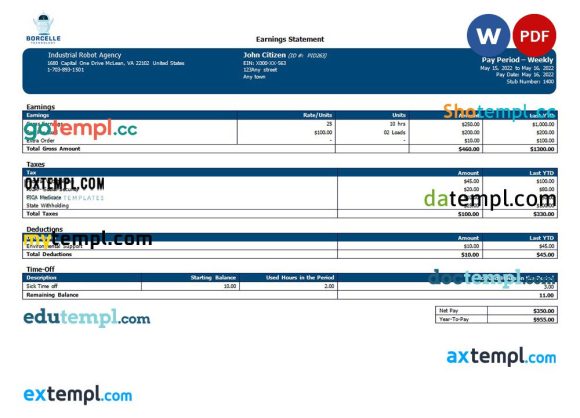 industrial robot company payslip example in Word and PDF formats