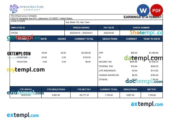 infrastructure company payslip example in Word and PDF formats