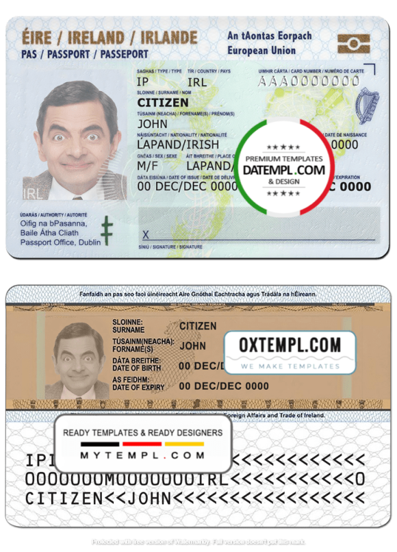 Irish ID example in PSD format, fully editable, with all fonts
