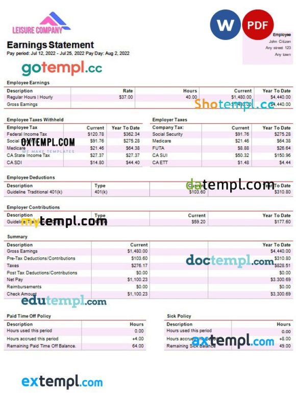 leisure company payroll example in Word and PDF formats