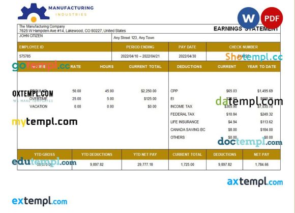 manufacturing company payslip example in Word and PDF formats