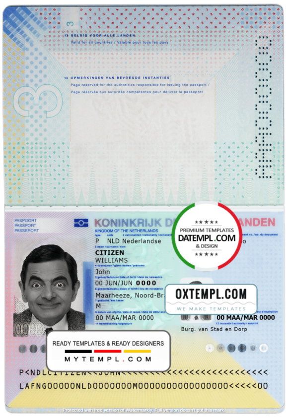 Dutch passport example in PSD format, fully editable, with all fonts (2014 - present)