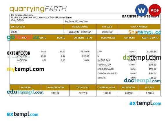 quarrying company fully editable paystub example in Word and PDF formats