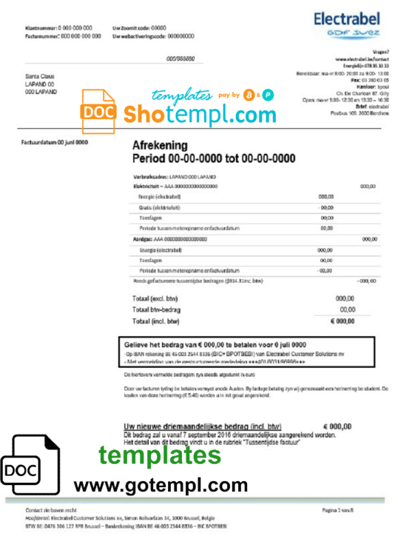 Belgian Electrabel electricity utility bill download example, fully editable in Word and PDF format