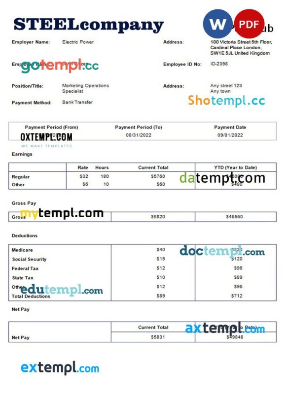 steel company payroll example in Word and PDF formats