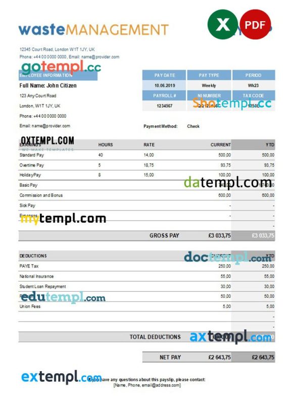 waste management company earning statement example in Excel and PDF formats
