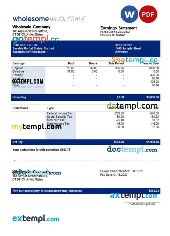 wholesale company payroll example in Word and PDF formats