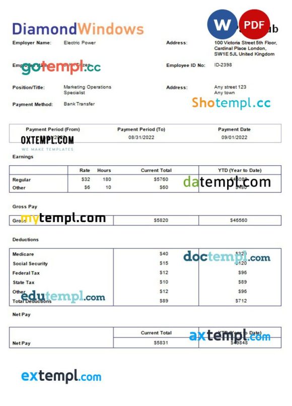 windows and door construction company payroll example in Word and PDF formats